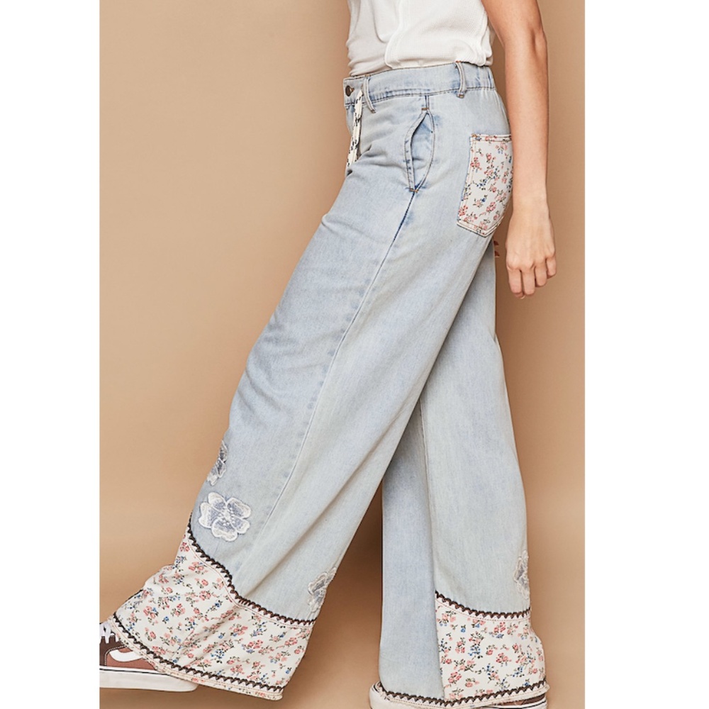 POL “The Moxie" Floral Patchwork Embroidered Denim Pants - NWOT